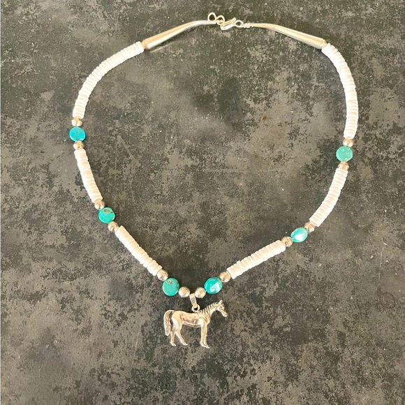 Hand Crafted Jewelry - Hand Crafted  One of a Kind Sterling Silver Horse Necklace with Shell/Turquoise